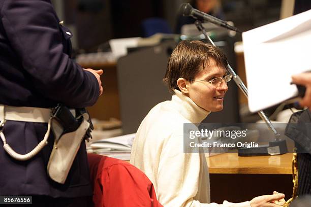 Former boyfriend of exchange student Amanda Knox, Raffaele Sollecito of Giovinazzo, Italy sits during the Meredith Kercher murder trial at the...
