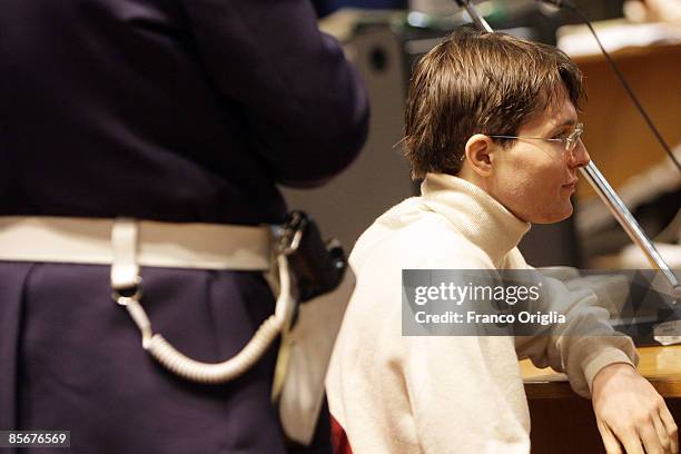 Former boyfriend of exchange student Amanda Knox, Raffaele Sollecito of Giovinazzo, Italy sits during the Meredith Kercher murder trial at the...