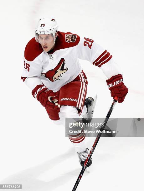 Michael Stone of the Arizona Coyotes plays in a game against the Chicago Blackhawks at the United Center on January 20, 2015 in Chicago, Illinois.