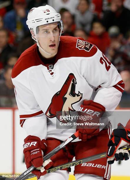 Michael Stone of the Arizona Coyotes plays in a game against the Chicago Blackhawks at the United Center on January 20, 2015 in Chicago, Illinois.