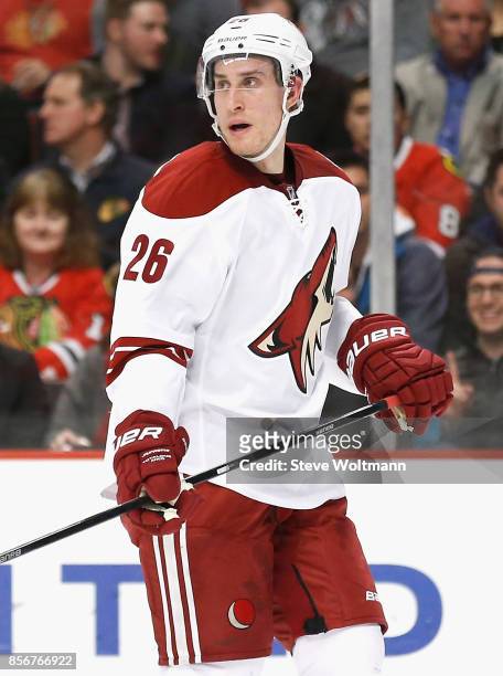 Michael Stone of the Arizona Coyotes plays in a game against the Chicago Blackhawks at the United Center on January 20, 2015 in Chicago, Illinois.