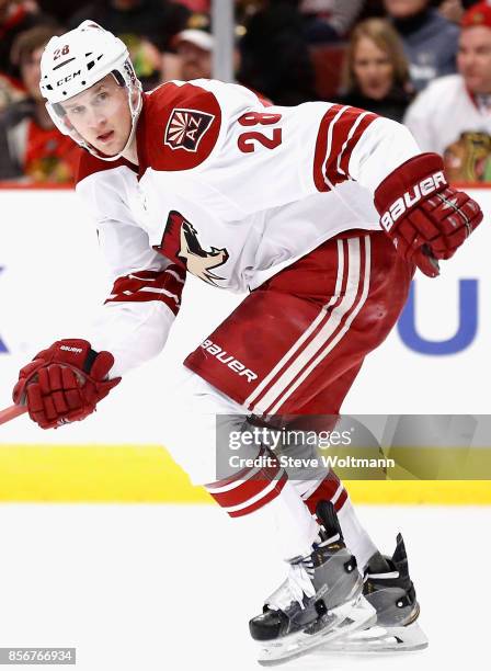 Lauri Korpikoski of the Arizona Coyotes plays in a game against the Chicago Blackhawks at the United Center on January 20, 2015 in Chicago, Illinois.