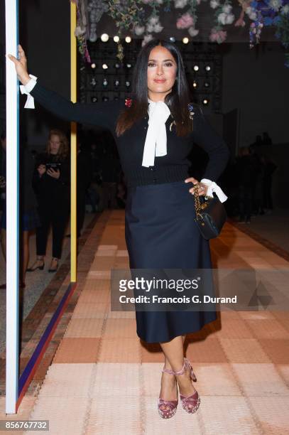 Salma Hayek attends the Alexander McQueen show as part of the Paris Fashion Week Womenswear Spring/Summer 2018 on October 2, 2017 in Paris, France.