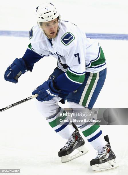 Linden Vey of the Vancouver Canucks plays in a game against the Tampa Bay Lightning at Amalie Arena on January 20, 2015 in Tampa, Florida.