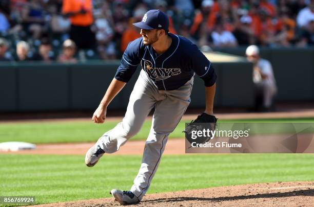 Jacob Faria of the Tampa Bay Rays pitches against the Baltimore Orioles at Oriole Park at Camden Yards on September 24, 2017 in Baltimore, Maryland.