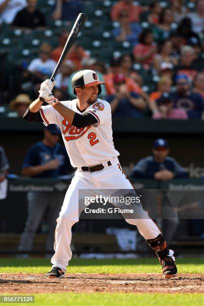 Hardy of the Baltimore Orioles bats against the Tampa Bay Rays at Oriole Park at Camden Yards on September 24, 2017 in Baltimore, Maryland.