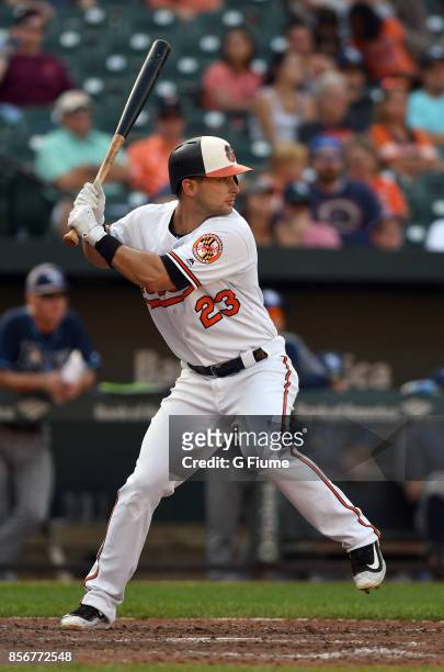 Joey Rickard of the Baltimore Orioles bats against the Tampa Bay Rays at Oriole Park at Camden Yards on September 24, 2017 in Baltimore, Maryland.