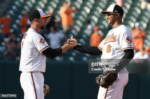 Hardy of the Baltimore Orioles celebrates with Jonathan Schoop after a victory against the Tampa Bay Rays at Oriole Park at Camden Yards on September...