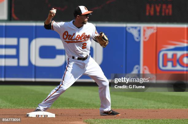 Hardy of the Baltimore Orioles throws the ball to first base against the Tampa Bay Rays at Oriole Park at Camden Yards on September 24, 2017 in...