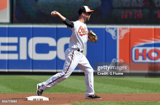 Hardy of the Baltimore Orioles throws the ball to first base against the Tampa Bay Rays at Oriole Park at Camden Yards on September 24, 2017 in...