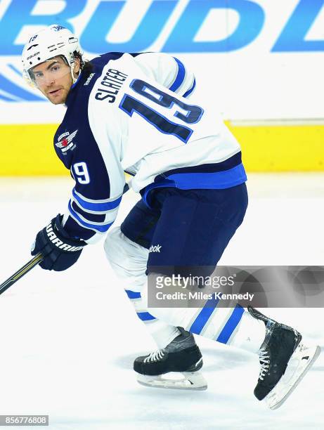 Jim Slater of the Winnipeg Jets plays in a game against the Philadelphia Flyers at Wells Fargo Center on January 29, 2015 in Philadelphia,...