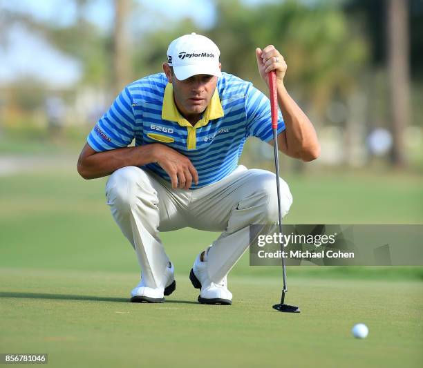 Shawn Stefani lines up a putt on the first green during the fourth and final round of the Web.com Tour Championship held at Atlantic Beach Country...