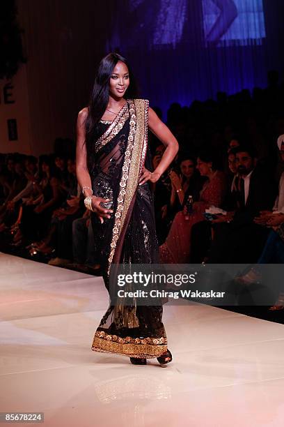 Supermodel Naomi Campbell walks the runway at the Mai Mumbai show at Lakme India Fashion Week Autumn/Winter 2009 at Grand Hyatt on March 28, 2009 in...