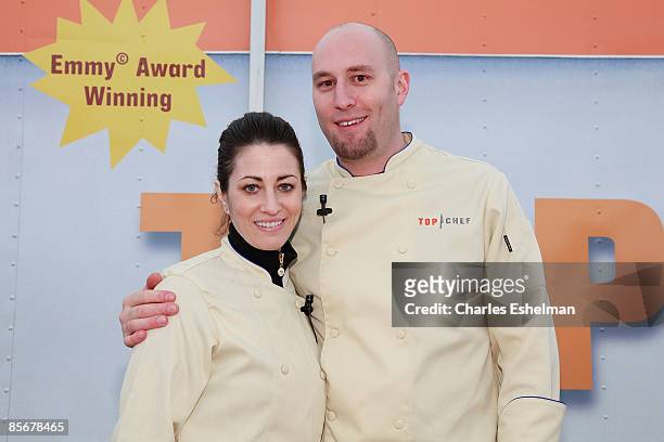 Chef's Nikki Cascone and Hosea Rosenberg cook during the second day of "Top Chef: The Tour 2" at Flatiron Pedestrian Plaza on March 28, 2009 in New...