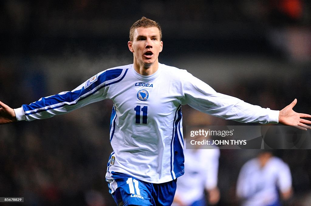 Bosnia Hercegovina's player Edin Dzeko celebrates his goal against