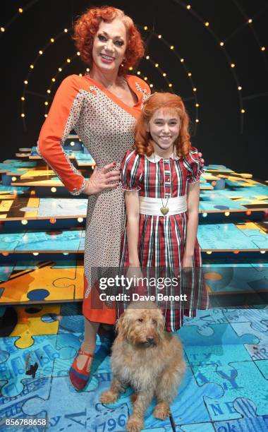 Cast members Craig Revel Horwood and Ruby Stokes pose backstage following the cast change press night performance of "Annie" at The Piccadilly...