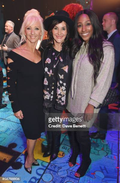 Debbie McGee, Shirley Ballas and Alexandra Burke pose backstage following the cast change press night performance of "Annie" at The Piccadilly...