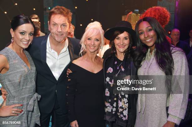 Amy Dowden, Brian Conley, Debbie McGee, Shirley Ballas and Alexandra Burke pose backstage following the cast change press night performance of...