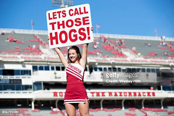 Cheerleaders of the Arkansas Razorbacks posing before a game against the New Mexico State Aggies at Donald W. Reynolds Razorback Stadium on September...