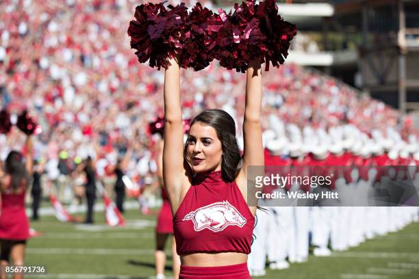 Cheerleaders of the Arkansas Razorbacks perform before a game against the New Mexico State Aggies at Donald W. Reynolds Razorback Stadium on...