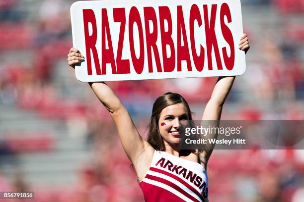 Cheerleaders of the Arkansas Razorbacks perform during a game against the New Mexico State Aggies at Donald W. Reynolds Razorback Stadium on...