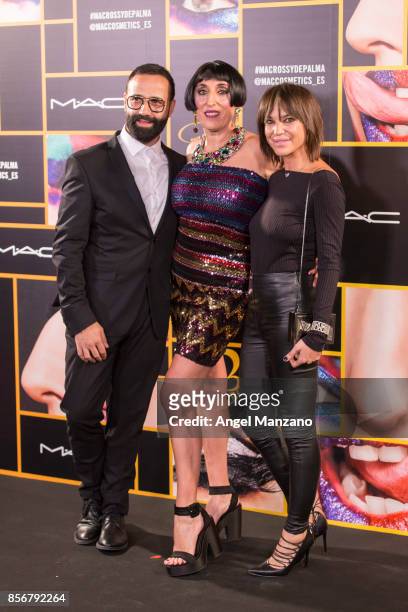 Baltasar Gonzalez, Rossy de Palma and Maite Tuset attends M-A-C collection photocall at El Principito theater on October 2, 2017 in Madrid, Spain.