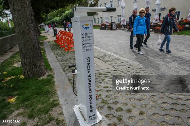 Self-service bike repair station is seen in Sopot, Poland on 14 September 2017 City of Sopot placed 2 new self-service bicycle repair stations in the...