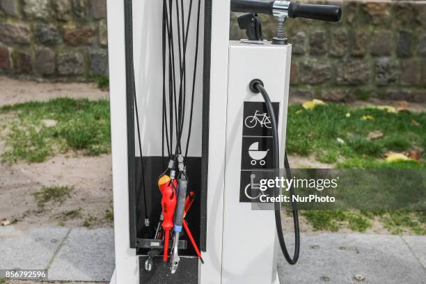 Self-service bike repair station is seen in Sopot, Poland on 14 September 2017 City of Sopot placed 2 new self-service bicycle repair stations in the...