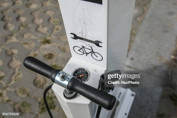 Self-service bike repair station is seen in Sopot, Poland on 14 September 2017 City of Sopot placed 2 new self-service bicycle repair stations in the...