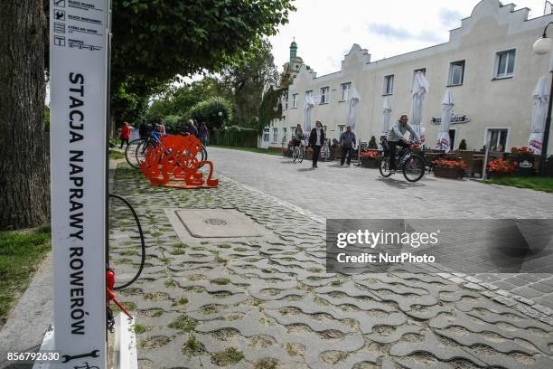 Self-service bike repair station is seen in Sopot, Poland on 14 September 2017 City of Sopot placed 2 new self-service bicycle repair stations in the...