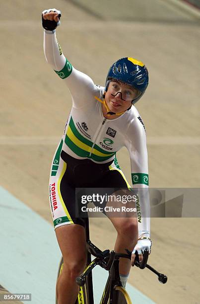 Josephine Tomic of Australia celebrates winning the Women's Omnium at the UCI Track Cycling World Championships at the BGZ Arena on March 28, 2009 in...