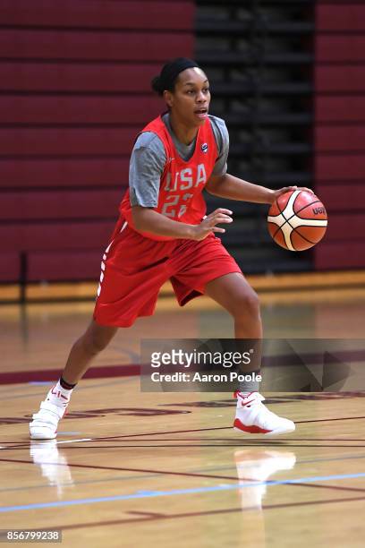 Asia Durr of the 2017 USA Women's National Team drives to the basket during training camp at Westmont College on September 30, 2017 in Santa Barbara,...