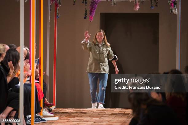 Designer Sarah Burton walks the runway during the Alexander McQueen Paris show as part of the Paris Fashion Week Womenswear Spring/Summer 2018 on...