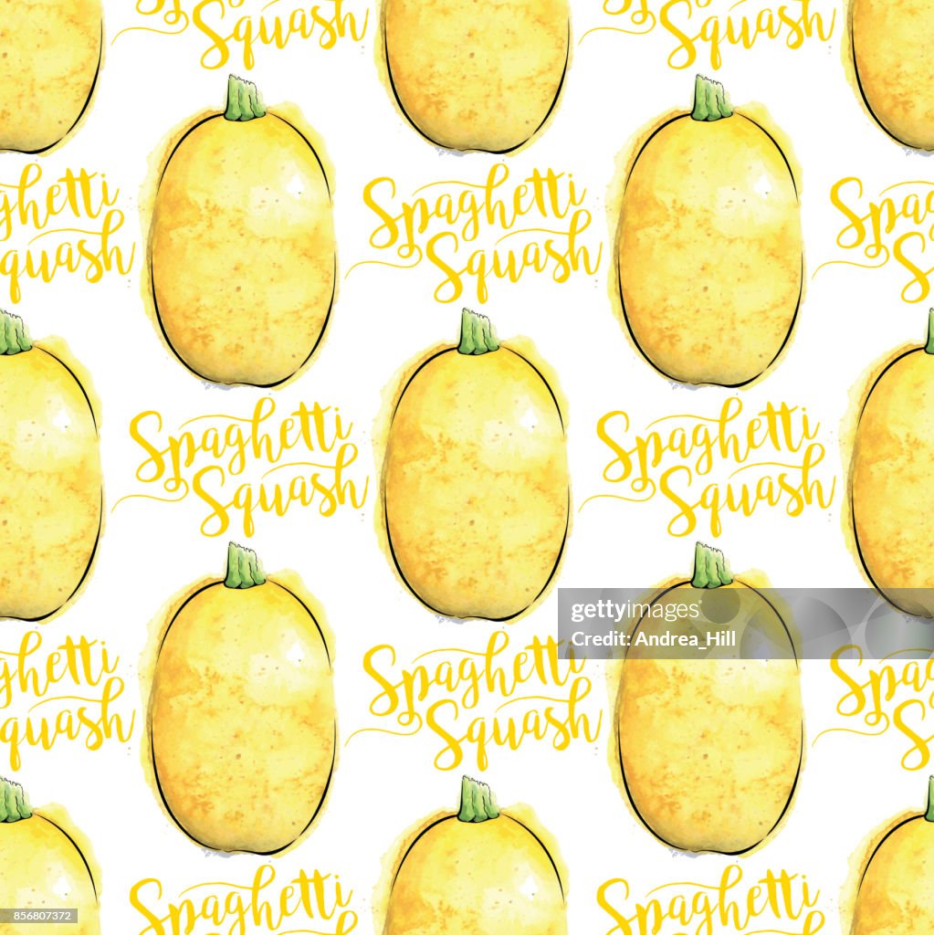 Spaghetti Squash aquarel Vector naadloze patroon met "Spaghetti Squash" kalligrafische tekst