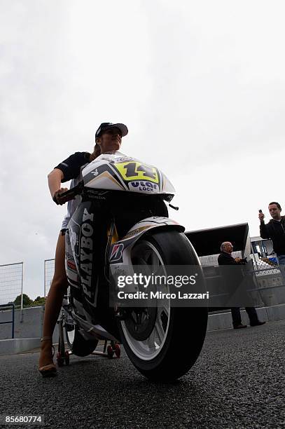 Playgirl demonstrates Randy De Puniet's bike in front of the box for the presentation of the new sponsor Playboy during Irta Test on March 28, 2009...