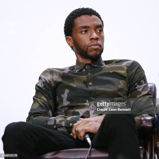 Actor Chadwick Boseman attends the Compton High School Student Screening Of Open Road Films' "Marshall" at Compton High School on October 2, 2017 in...