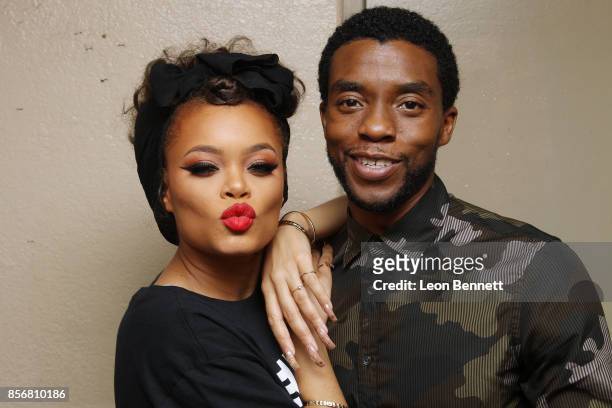 Music artist Andra Day and actor Chadwick Boseman attends the Compton High School Student Screening Of Open Road Films' "Marshall" at Compton High...