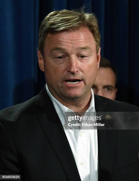 Sen. Dean Heller speaks during a news conference at the Las Vegas Metropolitan Police Department headquarters to brief members of the media on a mass...