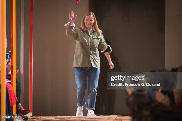 Designer Sarah Burton walks the runway during the Alexander McQueen Paris show as part of the Paris Fashion Week Womenswear Spring/Summer 2018 on...