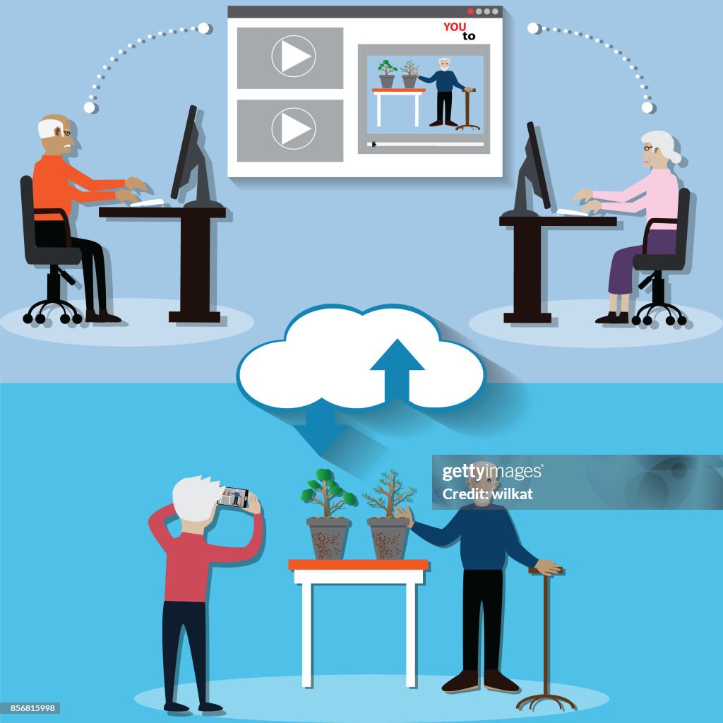 Dibujos Animados De Personas Superiores En Tecnología Hacer Vídeo En  Directo Con Smartphone Ilustración Vectorial Ilustración de stock - Getty  Images