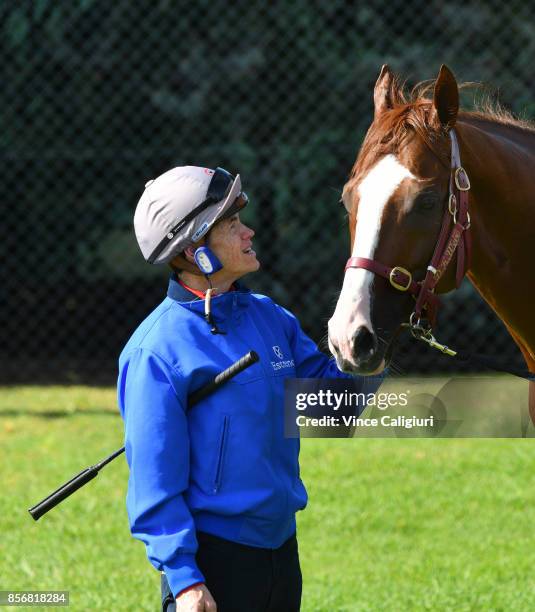 Jockey Craig Williams and strapper Matt Scown pose with Admire Deus from Japan after a trackwork session at Werribee Racecourse on October 3, 2017 in...