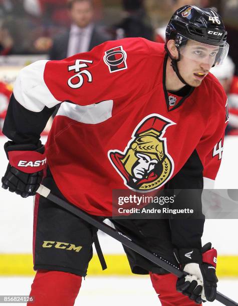 Patrick Wiercioch of the Ottawa Senators plays in a game against the Florida Panthers at Canadian Tire Centre on February 21, 2015 in Ottawa,...