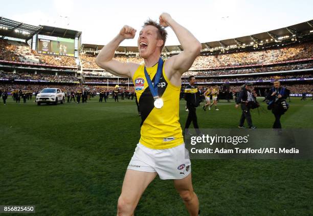 Jack Riewoldt of the Tigers celebrates during the 2017 Toyota AFL Grand Final match between the Adelaide Crows and the Richmond Tigers at the...