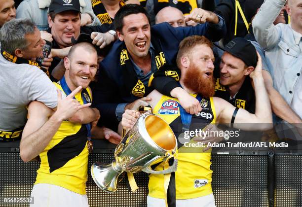 Kamdyn McIntosh Nick Vlastuin of the Tigers celebrate with former Tigers teammates Troy Chaplin and Nathan Foley during the 2017 Toyota AFL Grand...