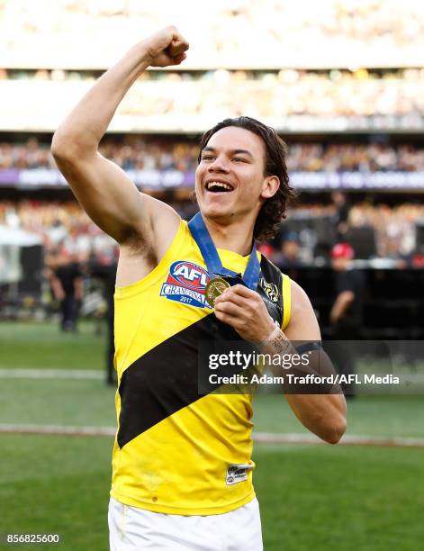 Daniel Rioli of the Tigers celebrates during the 2017 Toyota AFL Grand Final match between the Adelaide Crows and the Richmond Tigers at the...