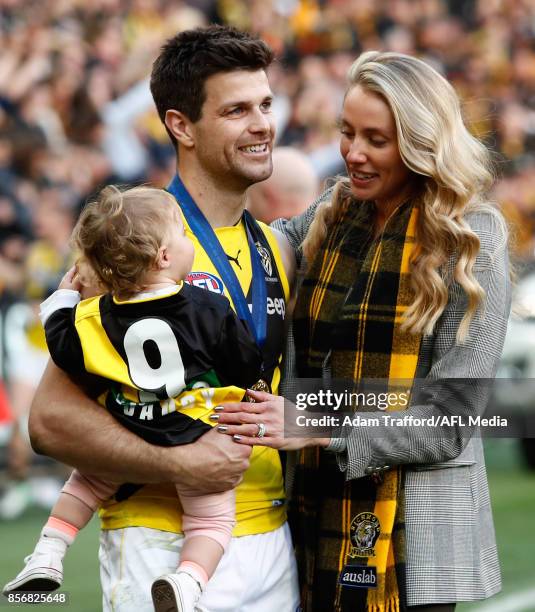 Trent Cotchin of the Tigers celebrates with his family during the 2017 Toyota AFL Grand Final match between the Adelaide Crows and the Richmond...