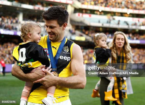 Trent Cotchin of the Tigers celebrates with his family during the 2017 Toyota AFL Grand Final match between the Adelaide Crows and the Richmond...