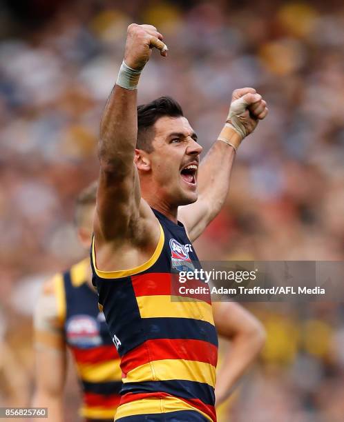 Taylor Walker of the Crows celebrates a goal during the 2017 Toyota AFL Grand Final match between the Adelaide Crows and the Richmond Tigers at the...