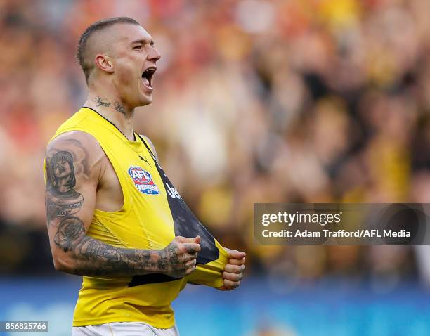 Dustin Martin of the Tigers celebrates a goal during the 2017 Toyota AFL Grand Final match between the Adelaide Crows and the Richmond Tigers at the...
