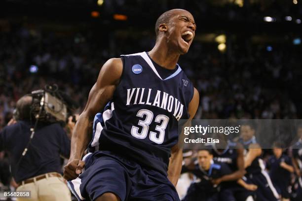 Dante Cunningham of the Villanova Wildcats celebrates defeating the Pittsburgh Panthersduring the NCAA Men's Basketball Tournament East Regionals at...